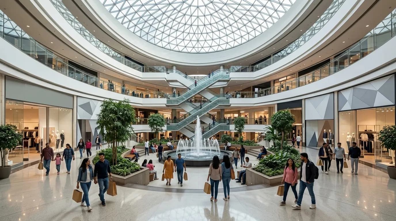 Shoppers in the ZENARA atrium under the glass dome