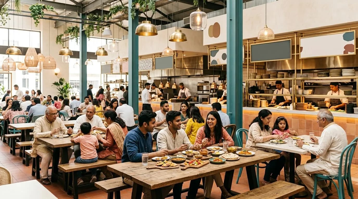 Families eating at The Long Table food court